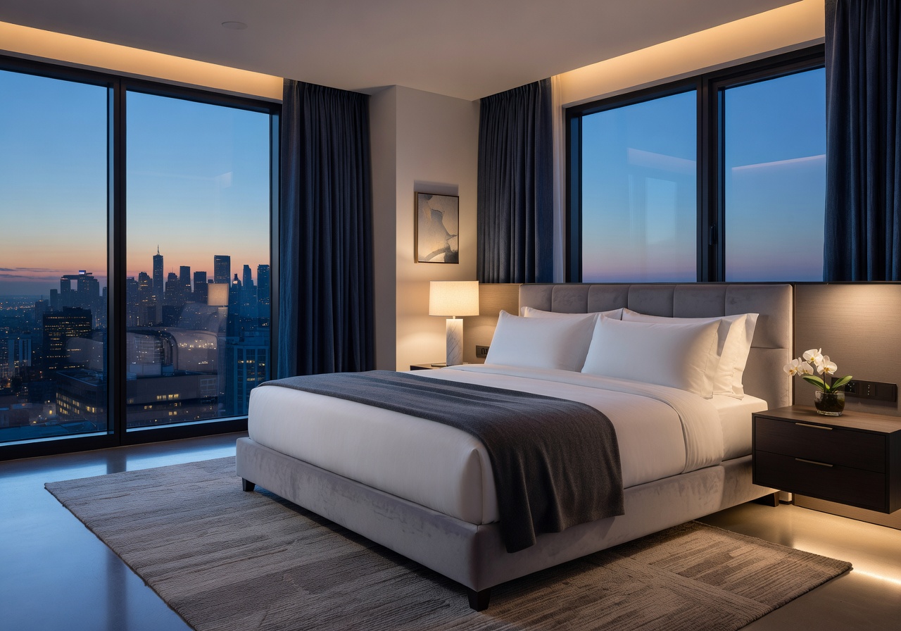 Luxurious modern hotel suite bedroom interior