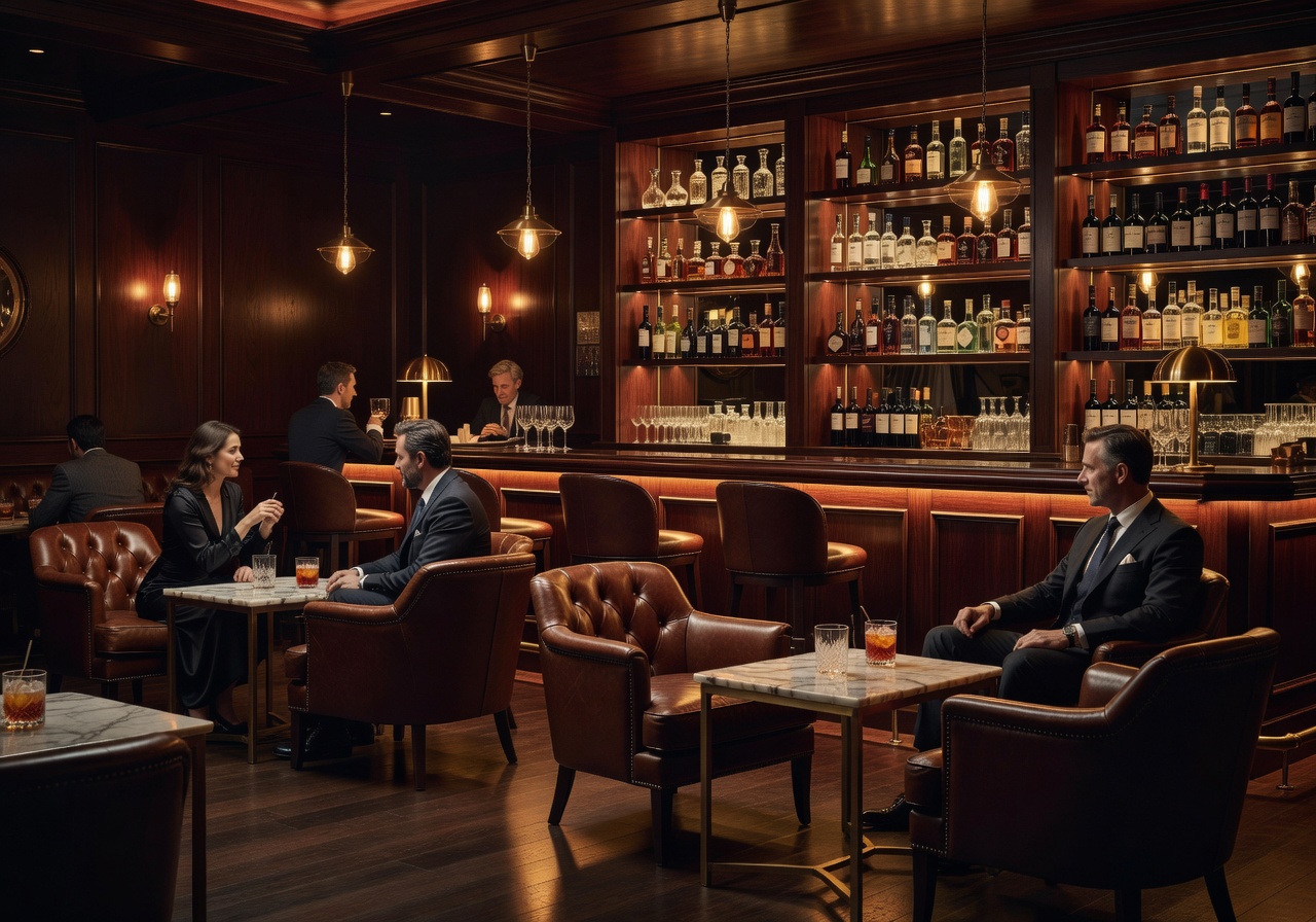 Sophisticated evening lounge bar with warm lighting